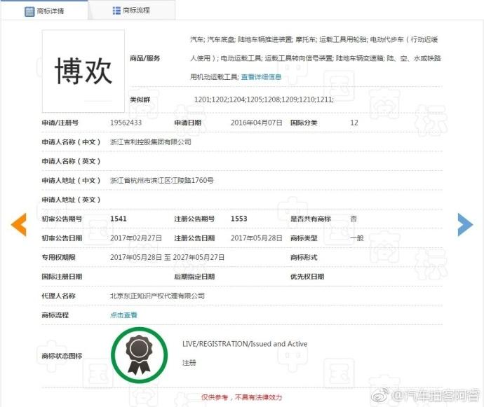 强调家族化概念 吉利注册5款“博”字商标